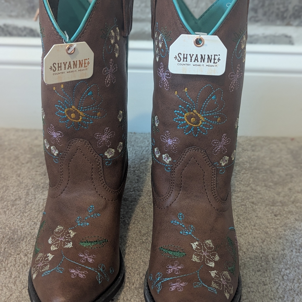 Shyanne Floral Embroidered Brown Heeled Boots